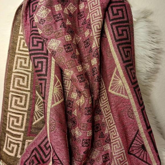 Pashmina EXOTIC Shoulder Wrap Shaw 68" x 25" Maroon & Gold LARGE Fringe Aztec - Picture 7 of 13